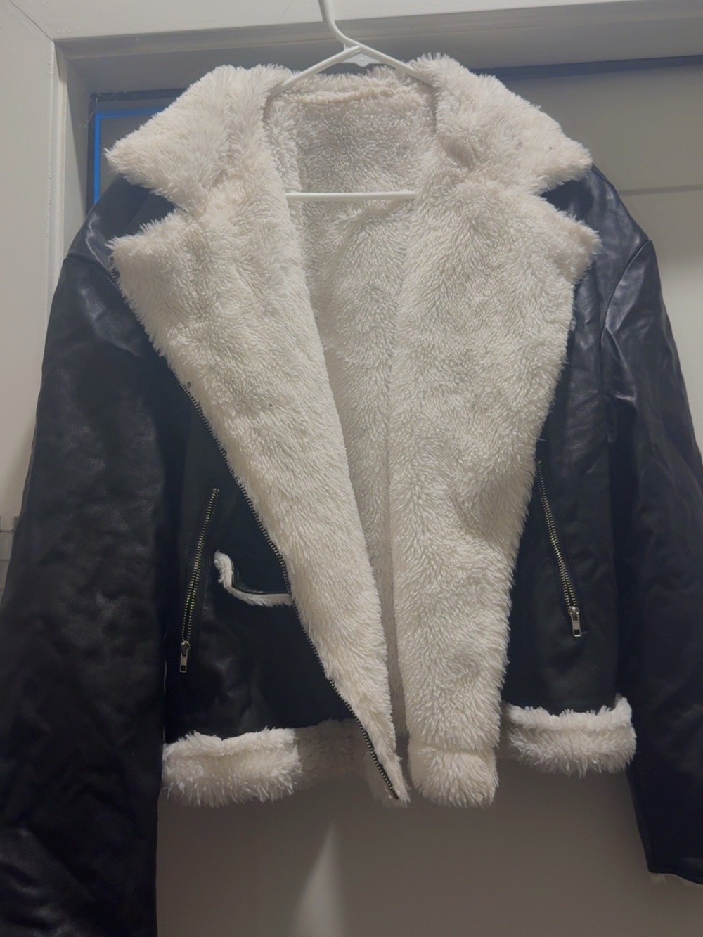 Faux Leather Black Jacket with Cream Sherpa Lining